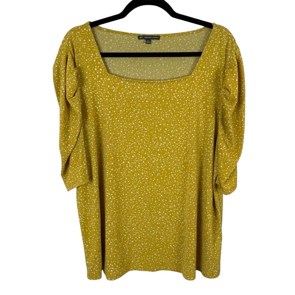 Adrianna Papell Mustard Yellow Polka Dot Puff Sleeve Blouse